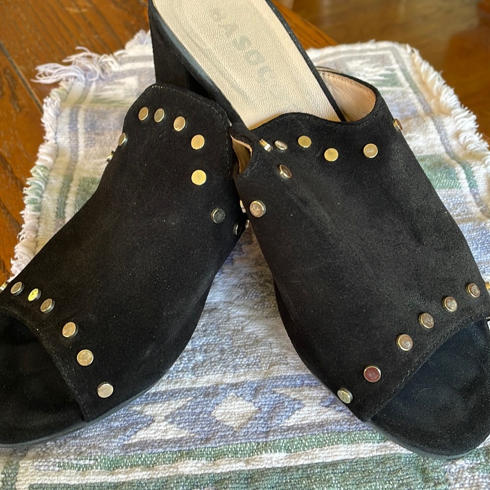 Basaco Black Suede Peep Toe Heeled Slides 39 Made in Spain